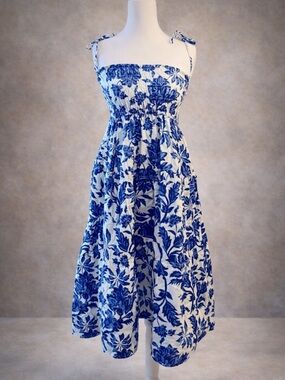 Floral Smocked Dress Skirt Blue White Convertible Resort Summer